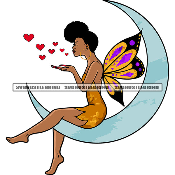Fairy Sitting On Moon Fairy Blowing Hearts Kisses Pose Design Element Afro Woman Wearing Hairband Fairy Flying Close Eyes White Background SVG JPG PNG Vector Clipart Cricut Silhouette Cut Cutting