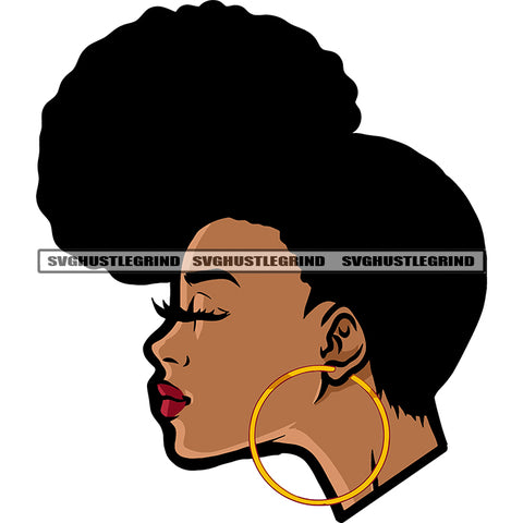African American Woman Head Face Design Element Wearing Hoop Earing Design Element White Background Melanin Woman Close Eyes Afro Hairstyle SVG JPG PNG Vector Clipart Cricut Silhouette Cut Cutting