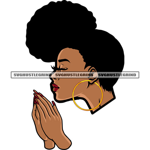 Hard Praying Hand African American Woman Head Face Design Element Wearing Hoop Earing Design Element White Background Melanin Woman Close Eyes Afro Hairstyle SVG JPG PNG Vector Clipart Cricut Silhouette Cut Cutting