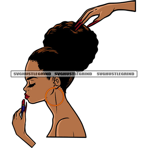 African American Woman Wearing Lipstick Afro Short Hairstyle African American Woman Holding Hand Long Nail Design Element White Background SVG JPG PNG Vector Clipart Cricut Silhouette Cut Cutting