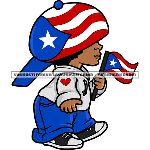 African American Baby Boy Holding Hand USA Flag Wearing Cap Hide Eyes Design Element White Background SVG JPG PNG Vector Clipart Cricut Silhouette Cut Cutting