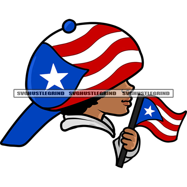 Afro Boy Head Design African American Baby Boy Holding Hand USA Flag Wearing Cap Hide Eyes Design Element White Background SVG JPG PNG Vector Clipart Cricut Silhouette Cut Cutting