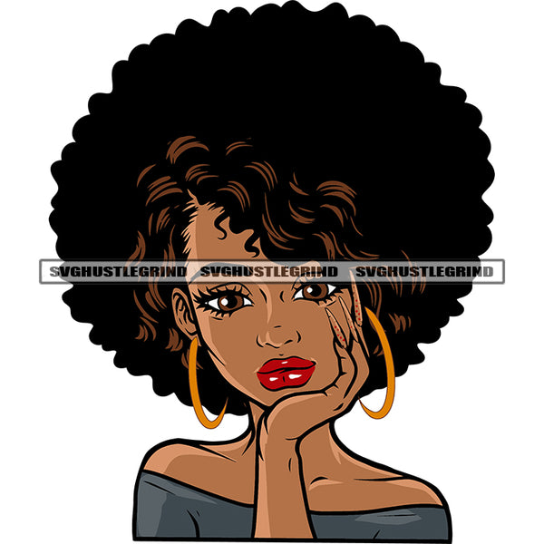 Smile Face African American Girls Thinking Pose Afro Girls Wearing Hoop Earing Puffy Hairstyle Design Element White Background SVG JPG PNG Vector Clipart Cricut Silhouette Cut Cutting