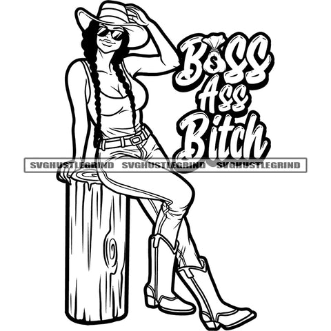 Black And White Lady Boss African American Woman Wearing Cowboy Hat And Sunglass Sexy Pose Sitting On Wood Design Element BW SVG JPG PNG Vector Clipart Cricut Silhouette Cut Cutting