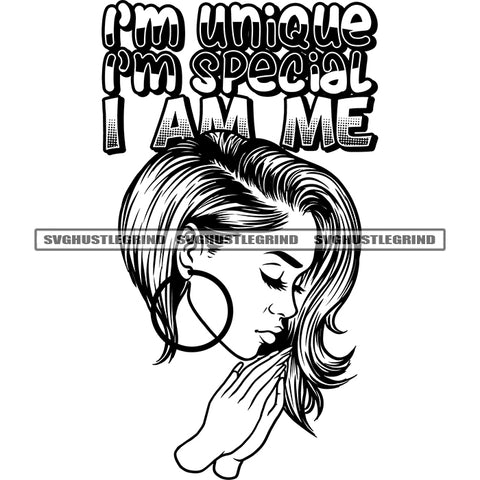 I'M Unique I'M Special I AM Me Quote Black And White African American Girls Side Face Design Element Close Eyes Long Nail Color Dripping Afro Girls Wearing Hoop Earing BW SVG JPG PNG Vector Clipart Cricut Silhouette Cut Cutting
