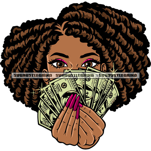 Gangster African American Woman Hand Holding Money Note Hide Face Locus Short Hairstyle Afro Girls Long Nail Design Element SVG JPG PNG Vector Clipart Cricut Silhouette Cut Cutting