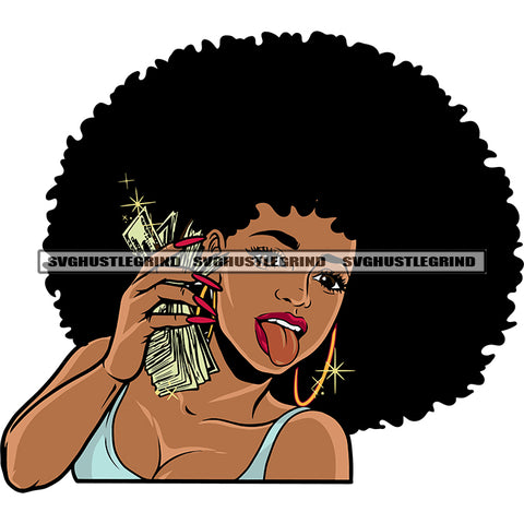 African American Girls Hand Holding Money Bundle Smile Face Melanin Girls Tongue Out Of Mouth Wearing Hoop Earing Puffy Hairstyle Design Element SVG JPG PNG Vector Clipart Cricut Silhouette Cut Cutting