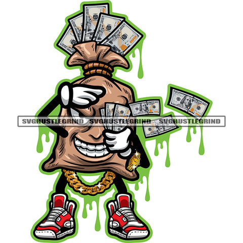 Funny Money Bag Cartoon Character Standing And Hand Holding Money Note Smile Face Character Wearing Gold Watch And Chain Color Dripping Design Element SVG JPG PNG Vector Clipart Cricut Silhouette Cut Cutting