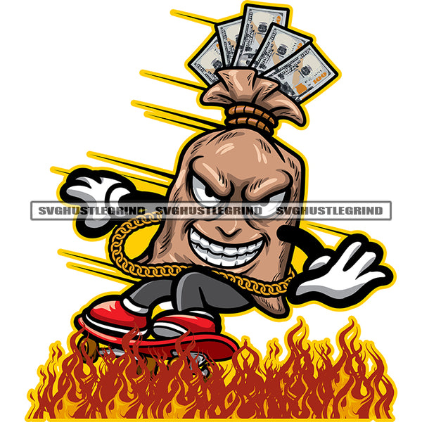 Money Bag Cartoon Character Smile Face Character Riding Skeat Boat On Fire Wearing Long Gold Chain Design Element SVG JPG PNG Vector Clipart Cricut Silhouette Cut Cutting
