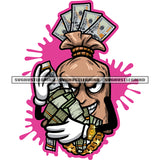 Smile Face Money Bag Cartoon Character Hand Holding Money Bundle Design Element Background Color Dripping SVG JPG PNG Vector Clipart Cricut Silhouette Cut Cutting