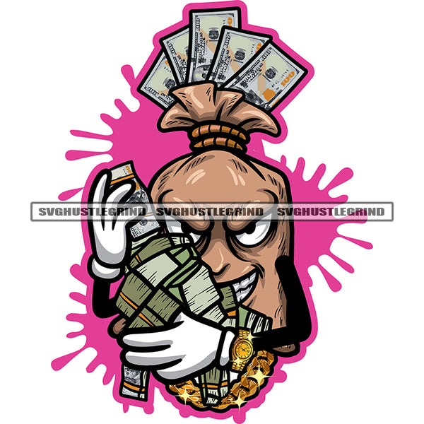 Smile Face Money Bag Cartoon Character Hand Holding Money Bundle Design Element Background Color Dripping SVG JPG PNG Vector Clipart Cricut Silhouette Cut Cutting