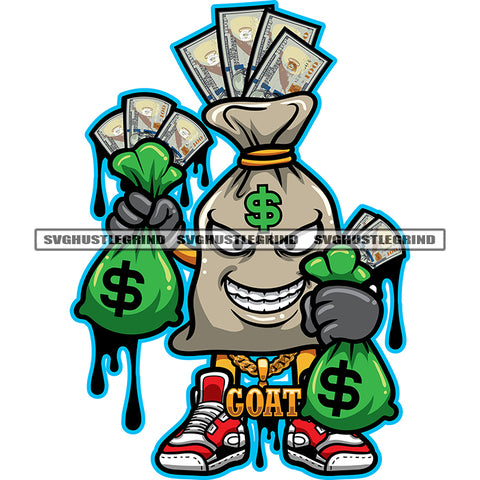 Funny Money Bag Cartoon Character Hand Holding Money Bag Character Standing Smile Face Design Element Color Dripping SVG JPG PNG Vector Clipart Cricut Silhouette Cut Cutting