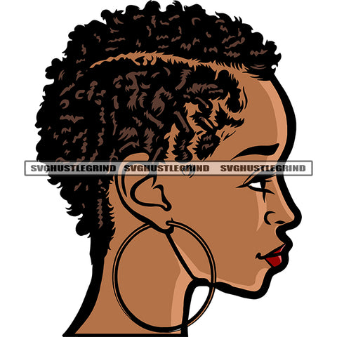 Melanin Woman Face Design Element Wearing Hoop Earing Vector White Background Afro Shor Hairstyle One Eyes SVG JPG PNG Vector Clipart Cricut Silhouette Cut Cutting