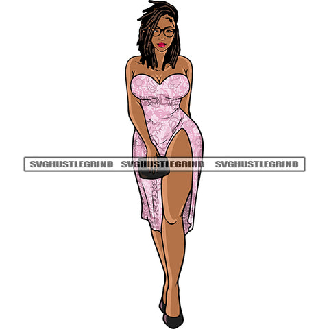 Gangster African American Woman Standing And Wearing Sunglasses Locus Hairstyle Design Element Afro Woman Wearing Sexy Dress SVG JPG PNG Vector Clipart Cricut Silhouette Cut Cutting