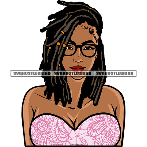 Gangster African American Woman Smile Face And Wearing Sunglasses Locus Hairstyle Design Element Afro Woman Wearing Sexy Dress SVG JPG PNG Vector Clipart Cricut Silhouette Cut Cutting