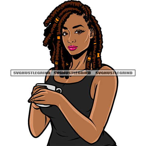 African American Woman Hand Holding Coffee Mug Afro Woman Sexy Pose Design Element White Background Smile Face SVG JPG PNG Vector Clipart Cricut Silhouette Cut Cutting
