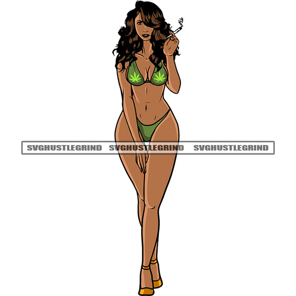 Gangster African American Woman Wearing Bikini And Standing Summer Dress Hand Holding Marijuana White Background SVG JPG PNG Vector Clipart Cricut Silhouette Cut Cutting