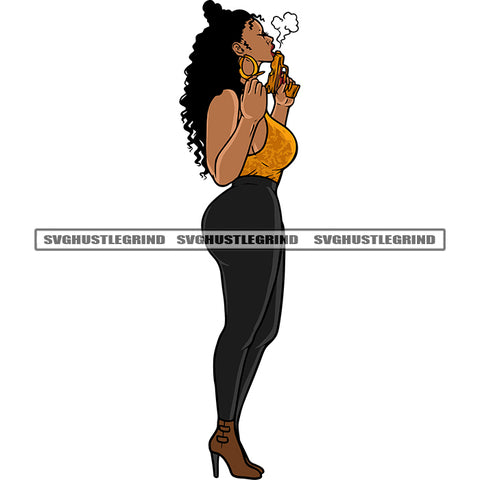 African American Woman Standing And Hand Holding Gun Vector Design Element Curly Long Hairstyle Afro Woman Cute Face Gun Smoke SVG JPG PNG Vector Clipart Cricut Silhouette Cut Cutting