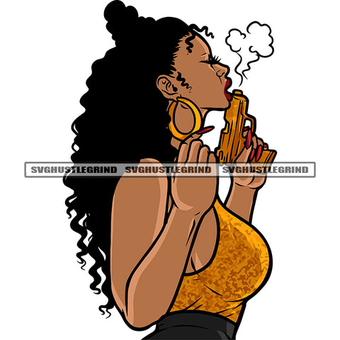 African American Woman Hand Holding Gun Vector Design Element Curly Long Hairstyle Afro Woman Cute Face Gun Smoke SVG JPG PNG Vector Clipart Cricut Silhouette Cut Cutting