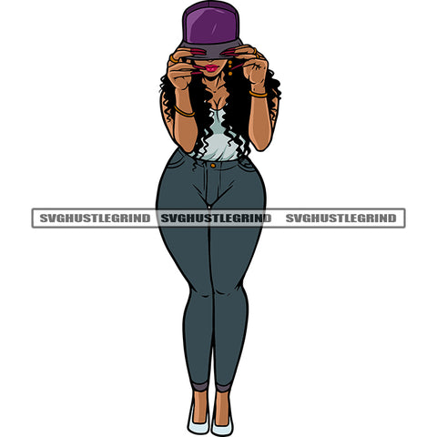 Beautiful Gangster African American Girls Hand Holding Cap Curly Long Hairstyle Design Element Vector Hide Face White Background SVG JPG PNG Vector Clipart Cricut Silhouette Cut Cutting