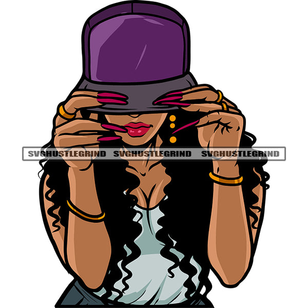 Afro Beautiful Gangster African American Girls Hand Holding Cap Curly Long Hairstyle Design Element Vector Hide Face White Background SVG JPG PNG Vector Clipart Cricut Silhouette Cut Cutting
