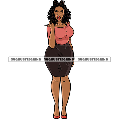 Gangster Afro Woman Showing Middle Finger Angry Face African American Woman Curly Hairstyle Long Nail Vector White Background SVG JPG PNG Vector Clipart Cricut Silhouette Cut Cutting