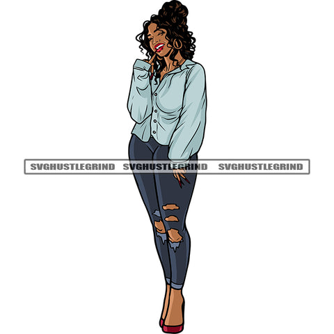 Afro Woman Smile Face African American Woman Standing Design Element Curly Long Hairstyle White Teeth Vector White Background SVG JPG PNG Vector Clipart Cricut Silhouette Cut Cutting