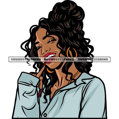 Smile Face African American Woman Curly Long Hairstyle Long Nail White Teeth Design Element Wearing Hoop Earing SVG JPG PNG Vector Clipart Cricut Silhouette Cut Cutting