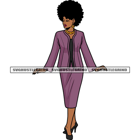 Gangster African American Woman Afro Short Hairstyle Design Element Close Eyes Business Woman Wearing Coat White Background SVG JPG PNG Vector Clipart Cricut Silhouette Cut Cutting