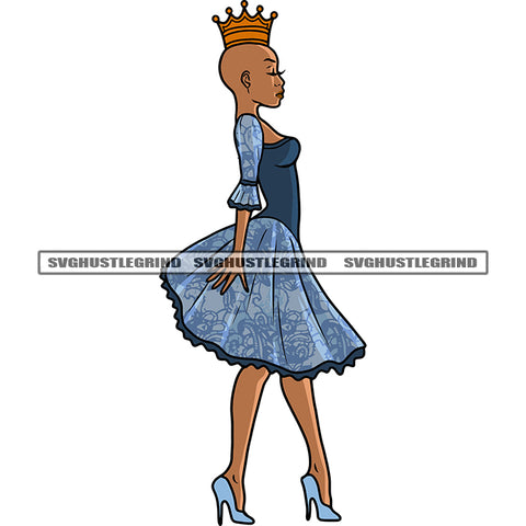 Afro Queen Side Face Design Element African American Woman Standing Crown On Head Bald Head Woman White Background SVG JPG PNG Vector Clipart Cricut Silhouette Cut Cutting