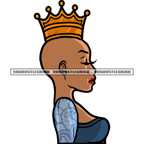 African American Bald Head Woman Close Eyes Design Element Crown On Head White Background Afro Melanin Woman Face SVG JPG PNG Vector Clipart Cricut Silhouette Cut Cutting