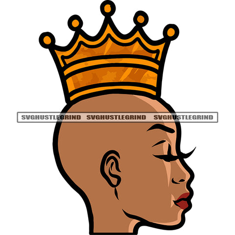 Bald Head Woman Crown On Head African American Woman Close Eyes Design Element White Background SVG JPG PNG Vector Clipart Cricut Silhouette Cut Cutting