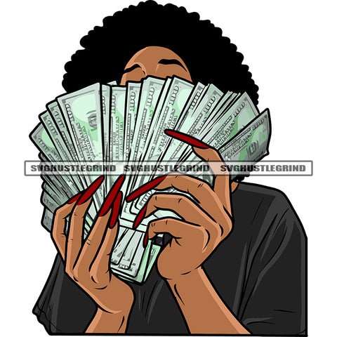 Gangster African American Woman Hand Holding Money Note Afro Woman Hide Face Money Note Afro Short Hairstyle Design Element SVG JPG PNG Vector Clipart Cricut Silhouette Cut Cutting
