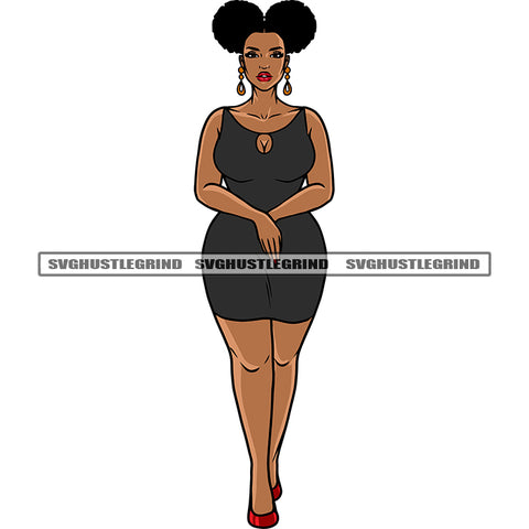 Plus Size African American Gangster Woman Standing Puffy Hairstyle Wearing Black Color Dress Design Element SVG JPG PNG Vector Clipart Cricut Silhouette Cut Cutting