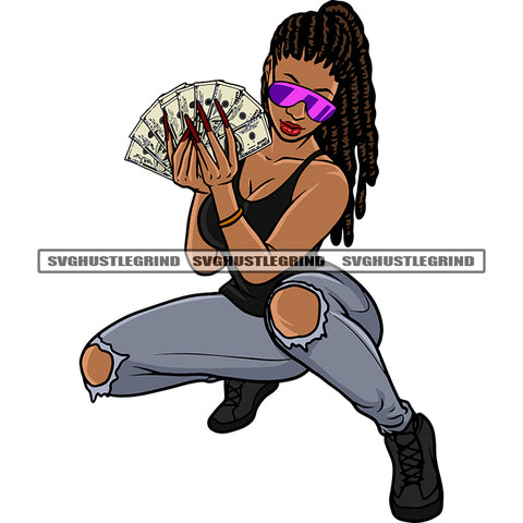 Sexy African American Woman Hand Holding Money Note Wearing Sunglasses And Sitting Pose Design Element White Background SVG JPG PNG Vector Clipart Cricut Silhouette Cut Cutting
