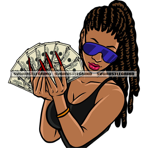 Afro Woman Hand Holding Money Note And Wearing Sunglass Locus Hairstyle Vector White Background SVG JPG PNG Vector Clipart Cricut Silhouette Cut Cutting