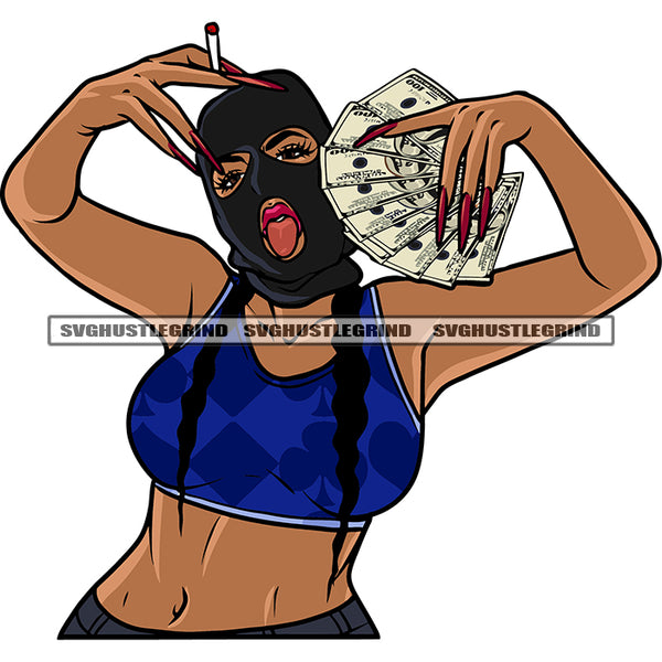 Gangster African American Woman Hand Holding Money Note And Marijuana Afro Woman Swag Hand Sigh Design Element White Background SVG JPG PNG Vector Clipart Cricut Silhouette Cut Cutting
