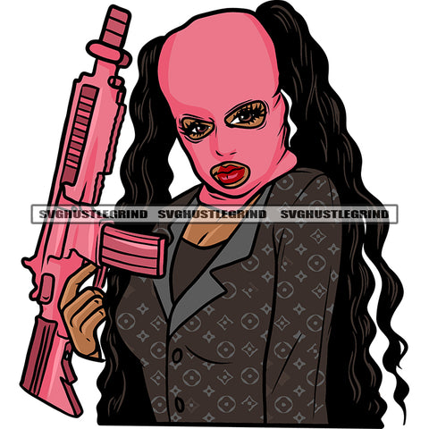 Gangster Woman Hand Holding Gun Wearing Ski Mask African American Woman Curly Hairstyle Vector SVG JPG PNG Clipart Cricut Silhouette Cut Cutting
