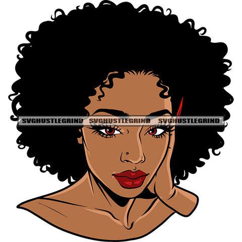 Beautiful African American Woman Face Design Element Short Curly Hairstyle Afro Woman Cute Face White Background SVG JPG PNG Vector Clipart Cricut Silhouette Cut Cutting