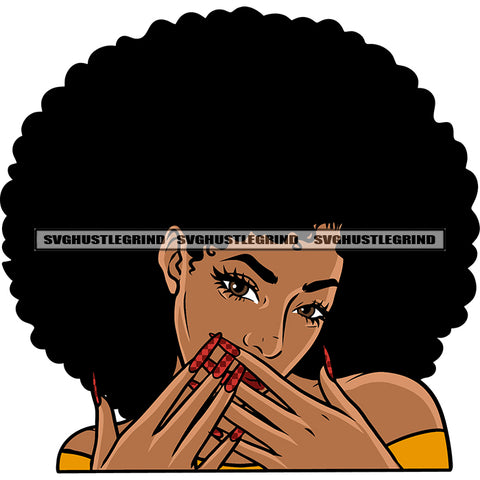 Hide Face Beautiful African American Woman Face Design Element Short Puffy Hairstyle Afro Woman Cute Face White Background SVG JPG PNG Vector Clipart Cricut Silhouette Cut Cutting