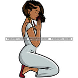 Hard Praying Hand Woman Sitting Prayer Pose African American Woman Close Eyes Design Element Afro Short Hairstyle SVG JPG PNG Vector Clipart Cricut Silhouette Cut Cutting