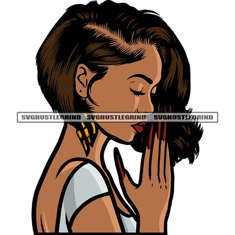 Gangster African American Woman Hard Praying Hand Wearing Hoop Earing Long Nail Vector Curly Short Hairstyle SVG JPG PNG Vector Clipart Cricut Silhouette Cut Cutting