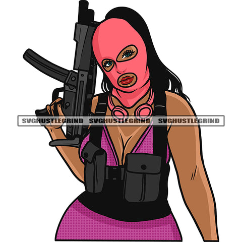 Gangster African American Woman Hand Holding Gun Afro Woman Wearing Ski Mask Vector Design Element Long Hairstyle SVG JPG PNG Vector Clipart Cricut Silhouette Cut Cutting