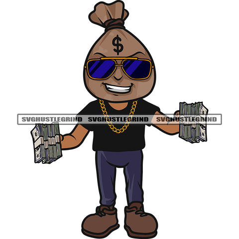 Funny Money Bag Head Cartoon Character Hand Holding Money Bundle Wearing Sunglass And Chain Smile Face Cartoon Character Standing SVG JPG PNG Vector Clipart Cricut Silhouette Cut Cutting