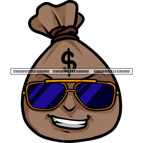 Money Bag Cartoon Character Smile Face Wearing Sunglass And Chain Design Element SVG JPG PNG Vector Clipart Cricut Silhouette Cut Cutting