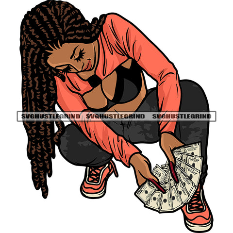 Gangster African American Woman Sitting Pose And Showing Money Not Locus Hairstyle Design Element White Background SVG JPG PNG Vector Clipart Cricut Silhouette Cut Cutting
