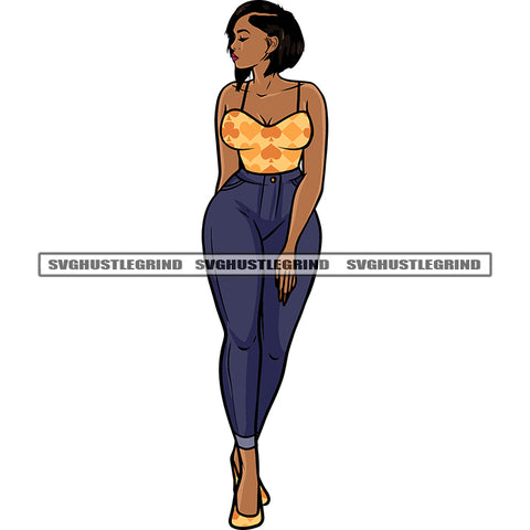 Afro Woman Standing Side Look Design Element African American Woman Wearing Short Design SVG JPG PNG Vector Clipart Cricut Silhouette Cut Cutting