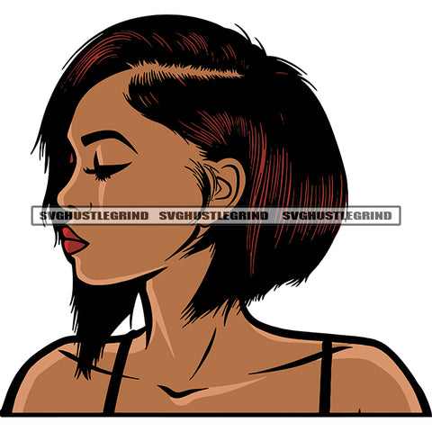 Gangster African American Woman Close Eyes Design Element Wearing Short Dress White Background Afro Short Hairstyle SVG JPG PNG Vector Clipart Cricut Silhouette Cut Cutting