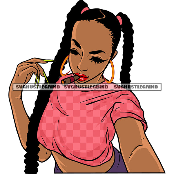 Gangster African American Woman Smoking Marijuana Wearing Hoop Earing Afro Hairstyle Design Element White Background SVG JPG PNG Vector Clipart Cricut Silhouette Cut Cutting