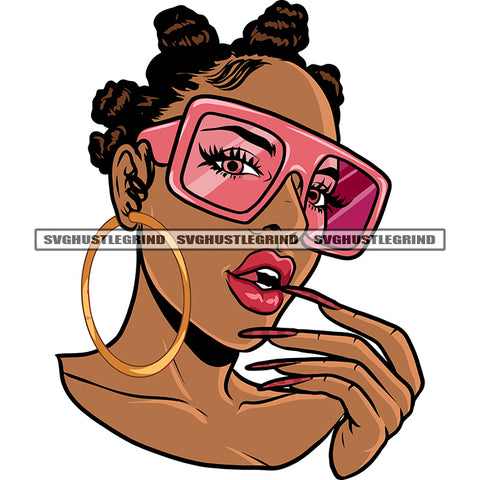 Afro Woman Wearing Sunglass And Hoop Earing Vector Design Element African American Woman Long Nail Bite On Teeth SVG JPG PNG Vector Clipart Cricut Silhouette Cut Cutting